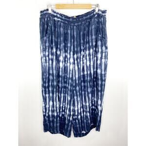 Democracy Blue White Tie Dye Smocked Elastic Waist Pants Women's Plus Size 3X